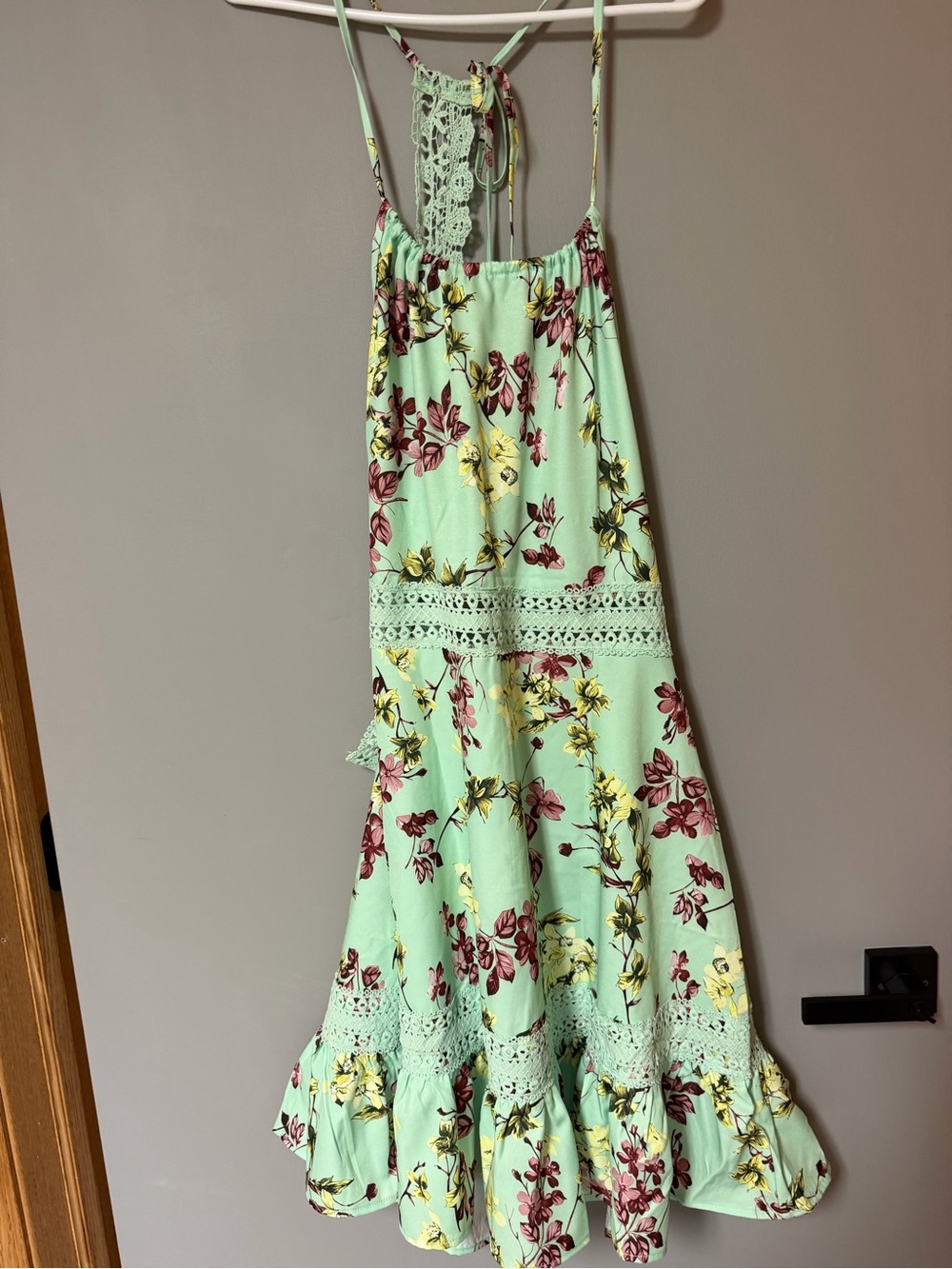 Mint Green Floral Lace-Trim Maxi Dress